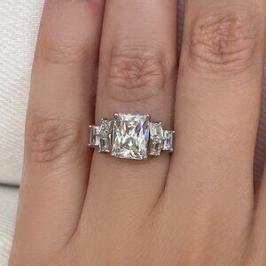 Vintage 925 Sterling Silver Large Emerald Cut CZ Art Deco Engagement Ring